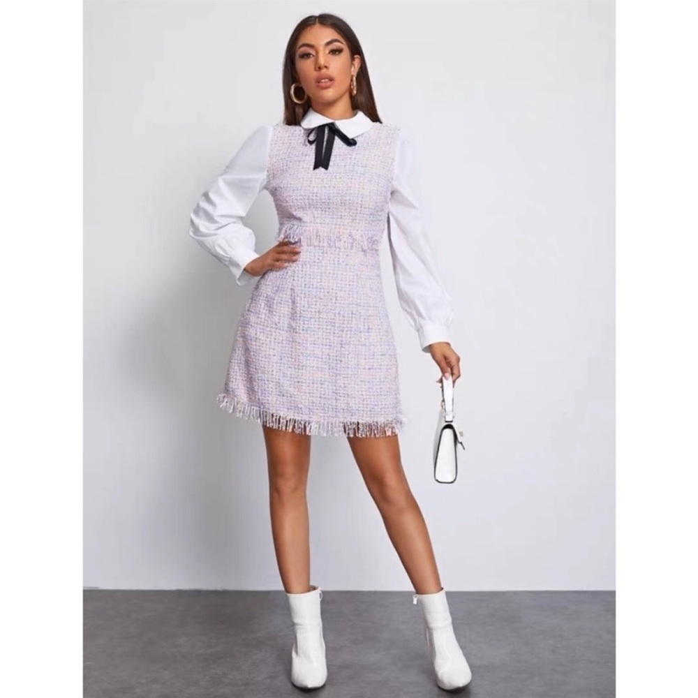 Knotted Detail Frayed Trim 2 In 1 Tweed Dress